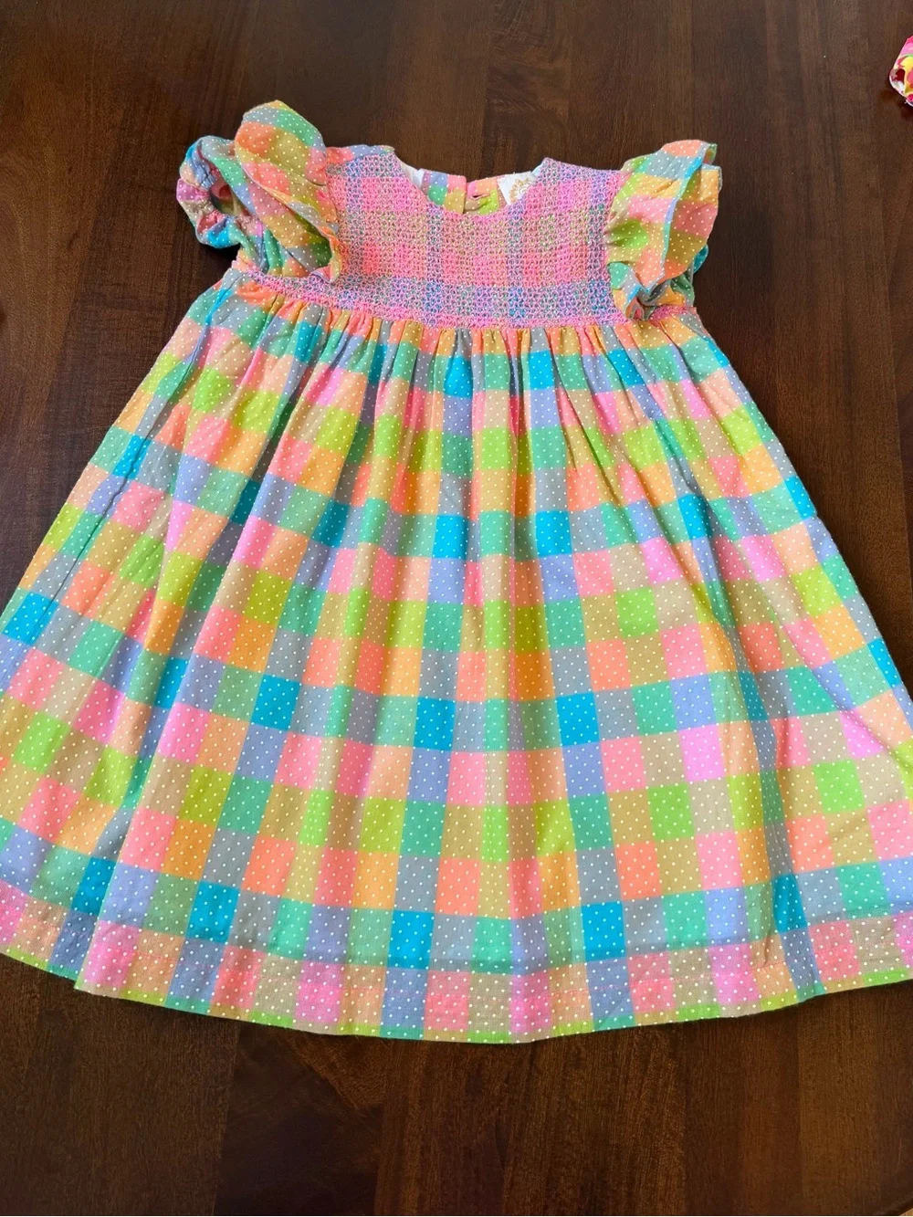 Girls Pastel Plaid Smocked Dress with Ruffle Sleeves